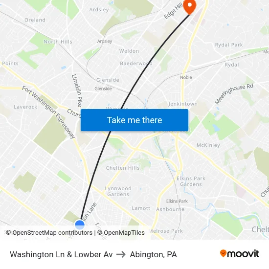 Washington Ln & Lowber Av to Abington, PA map