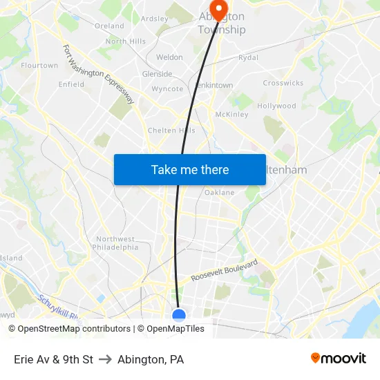 Erie Av & 9th St to Abington, PA map
