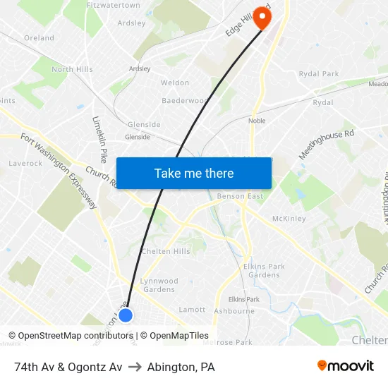 74th Av & Ogontz Av to Abington, PA map