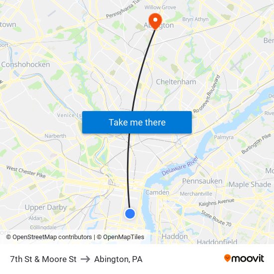 7th St & Moore St to Abington, PA map