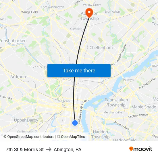 7th St & Morris St to Abington, PA map