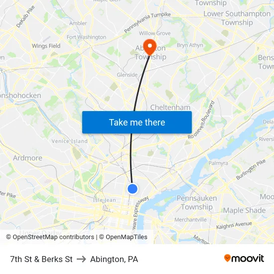 7th St & Berks St to Abington, PA map