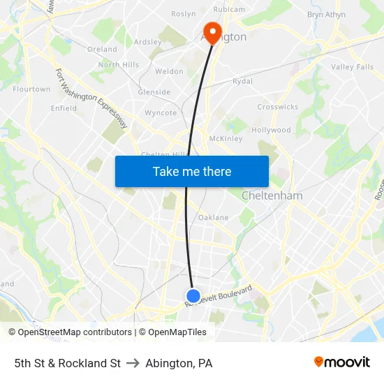 5th St & Rockland St to Abington, PA map