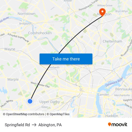 Springfield Rd to Abington, PA map