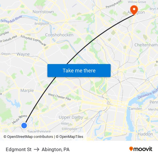Edgmont St to Abington, PA map