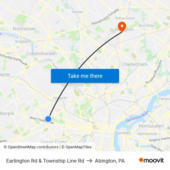 Earlington Rd & Township Line Rd to Abington, PA map