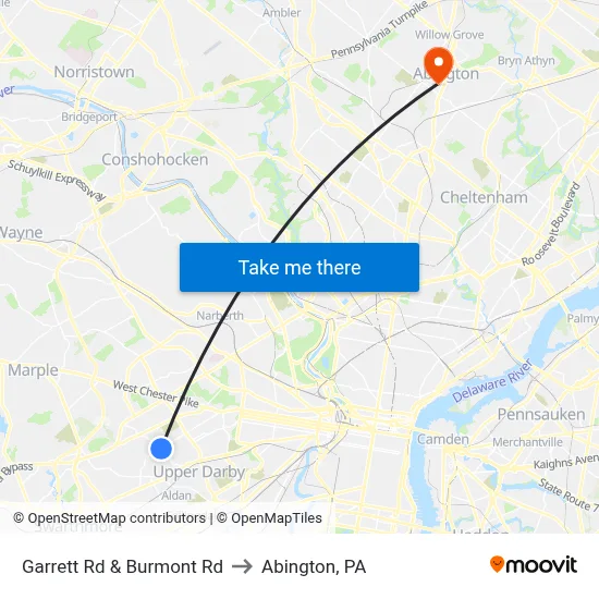 Garrett Rd & Burmont Rd to Abington, PA map