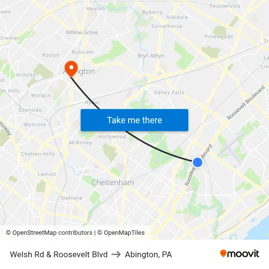 Welsh Rd & Roosevelt Blvd to Abington, PA map