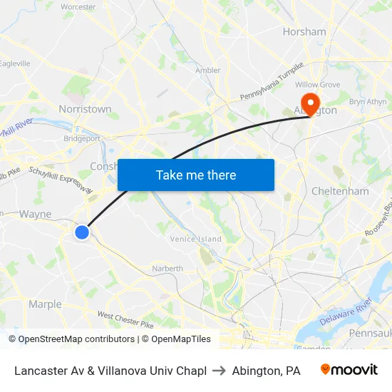 Lancaster Av & Villanova Univ Chapl to Abington, PA map