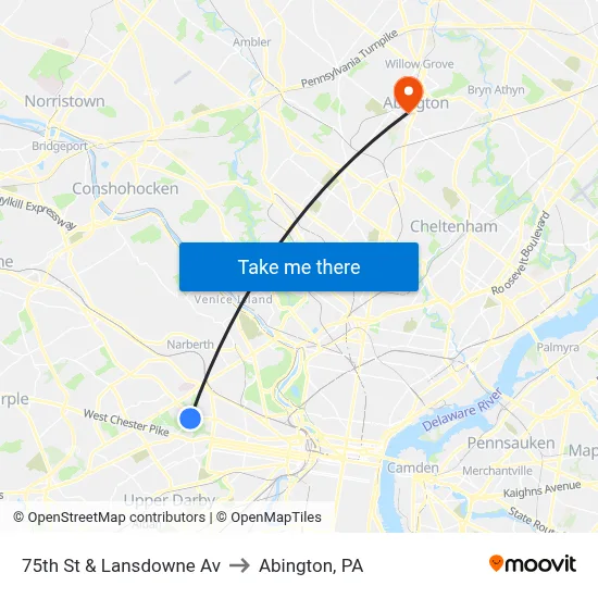 75th St & Lansdowne Av to Abington, PA map