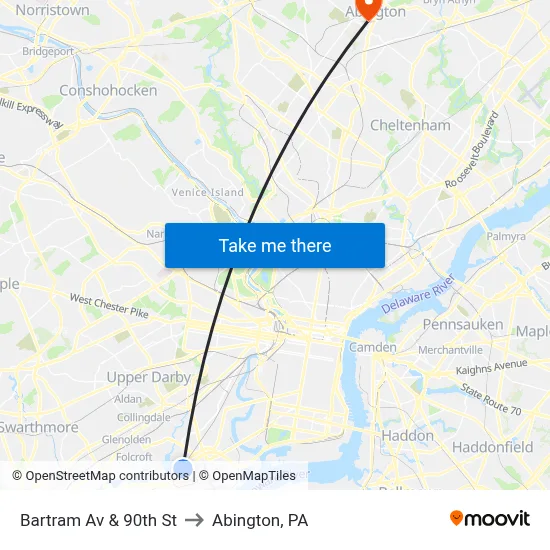 Bartram Av & 90th St to Abington, PA map