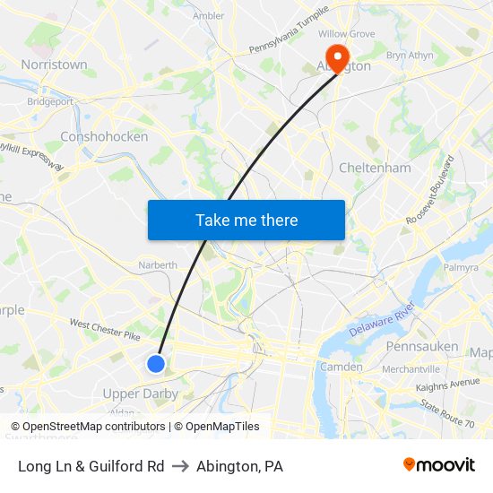 Long Ln & Guilford Rd to Abington, PA map