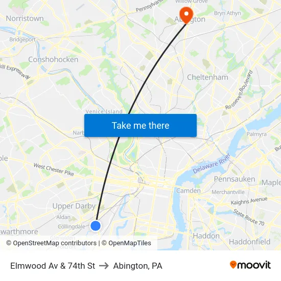 Elmwood Av & 74th St to Abington, PA map