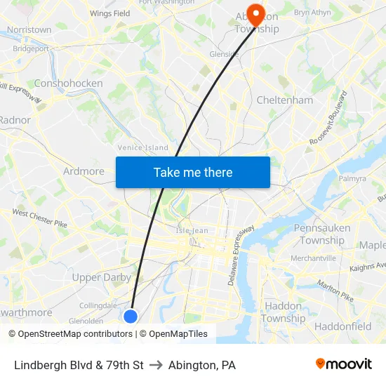 Lindbergh Blvd & 79th St to Abington, PA map