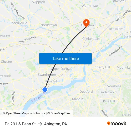Pa 291 & Penn St to Abington, PA map