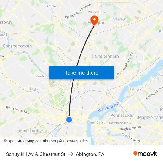 Schuylkill Av & Chestnut St to Abington, PA map