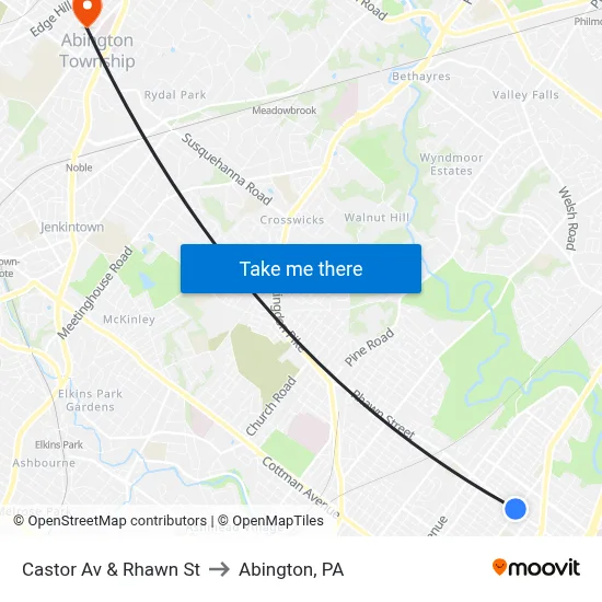 Castor Av & Rhawn St to Abington, PA map