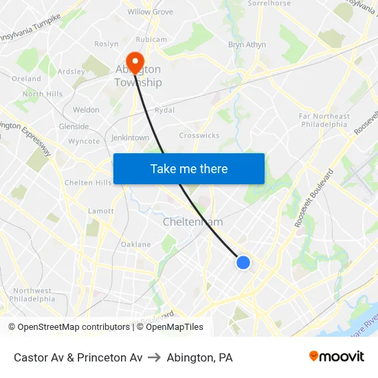 Castor Av & Princeton Av to Abington, PA map