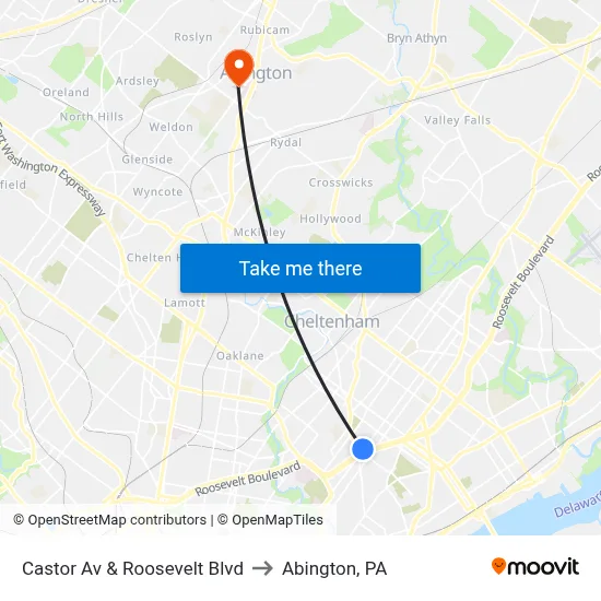 Castor Av & Roosevelt Blvd to Abington, PA map