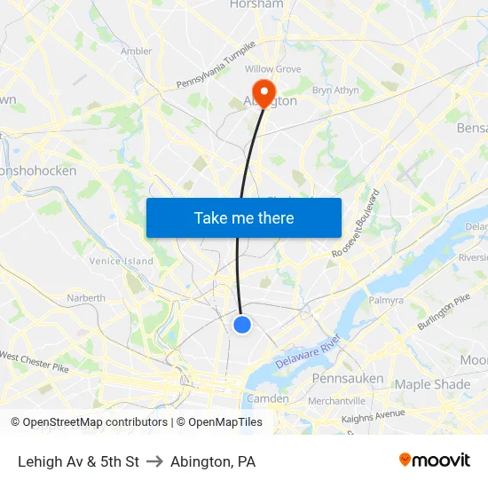 Lehigh Av & 5th St to Abington, PA map