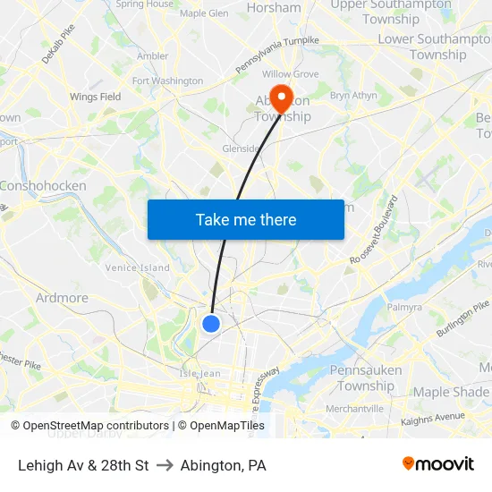 Lehigh Av & 28th St to Abington, PA map