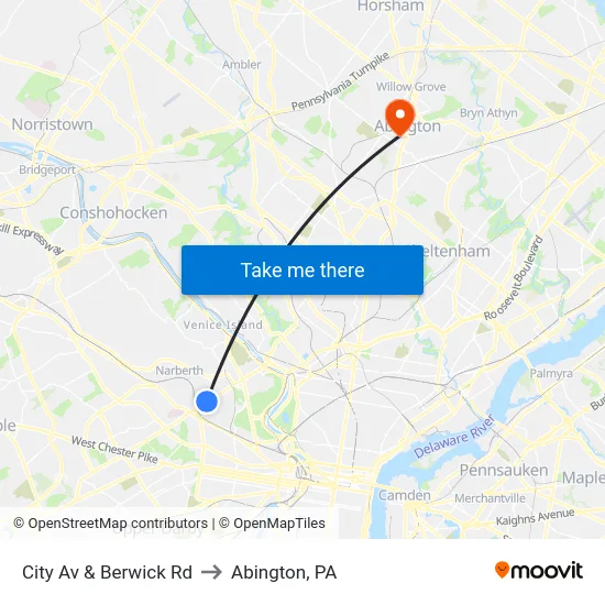 City Av & Berwick Rd to Abington, PA map