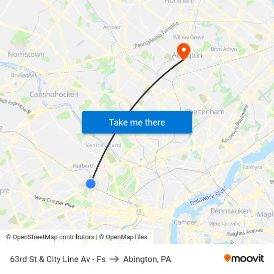 63rd St & City Line Av - Fs to Abington, PA map