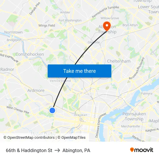 66th & Haddington St to Abington, PA map
