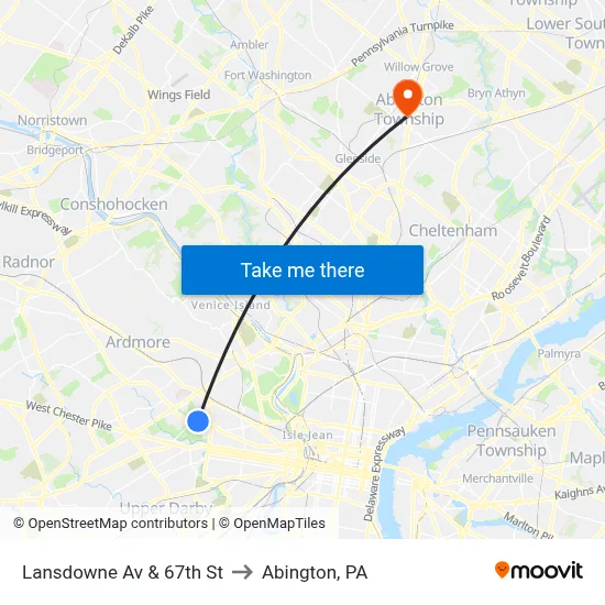 Lansdowne Av & 67th St to Abington, PA map