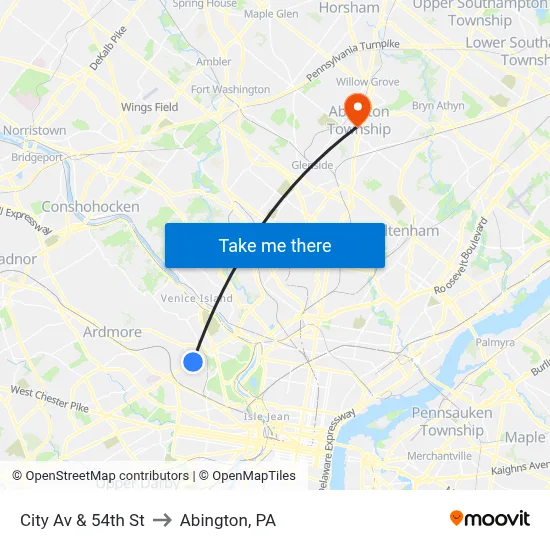 City Av & 54th St to Abington, PA map