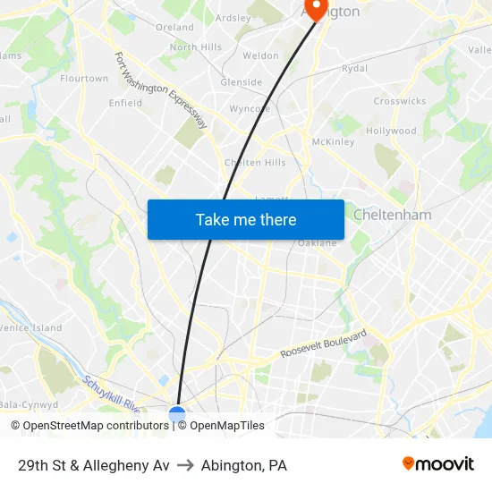 29th St & Allegheny Av to Abington, PA map