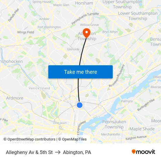 Allegheny Av & 5th St to Abington, PA map