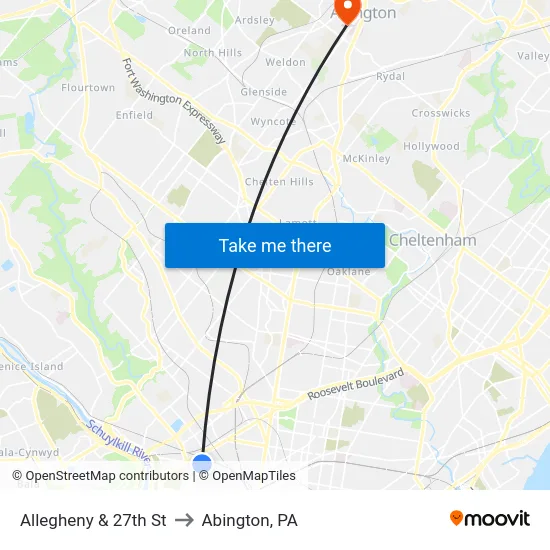 Allegheny & 27th St to Abington, PA map