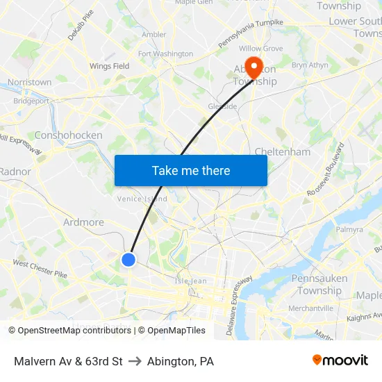 Malvern Av & 63rd St to Abington, PA map