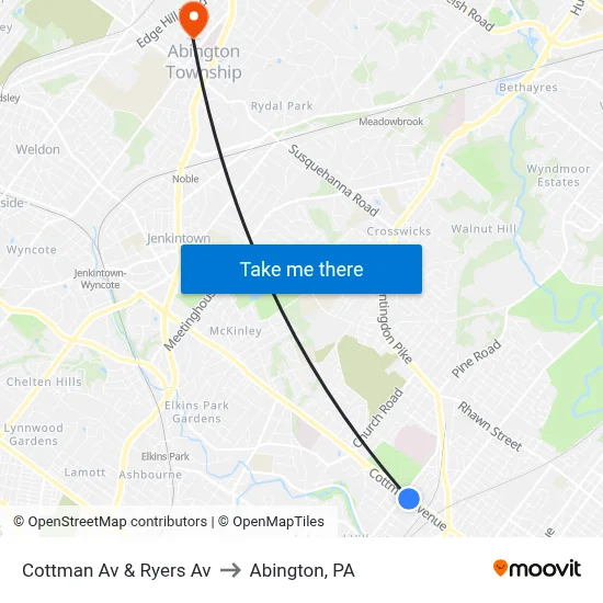 Cottman Av & Ryers Av to Abington, PA map