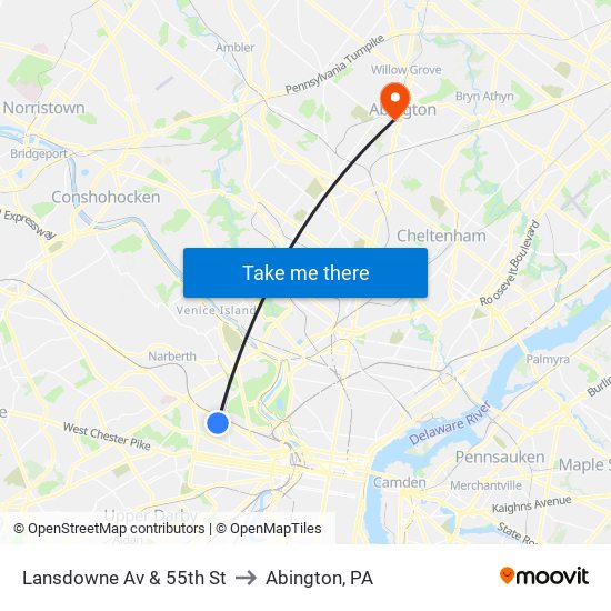 Lansdowne Av & 55th St to Abington, PA map