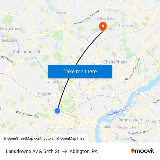 Lansdowne Av & 54th St to Abington, PA map