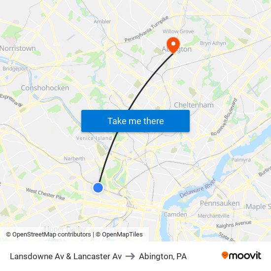 Lansdowne Av & Lancaster Av to Abington, PA map