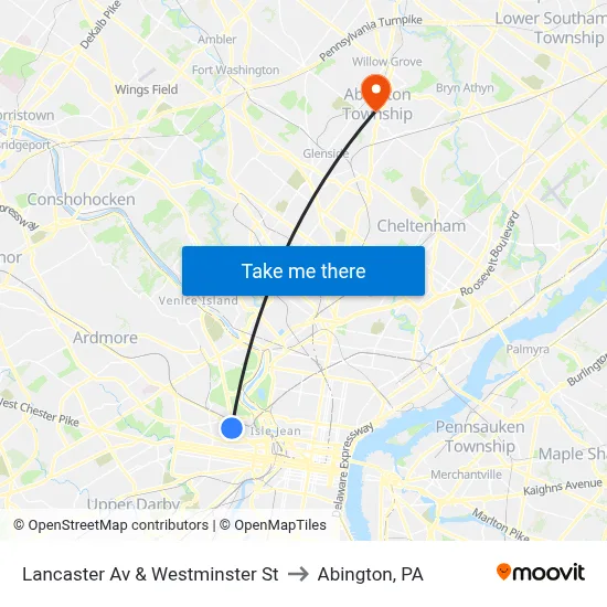 Lancaster Av & Westminster St to Abington, PA map