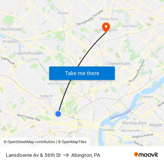 Lansdowne Av & 56th St to Abington, PA map