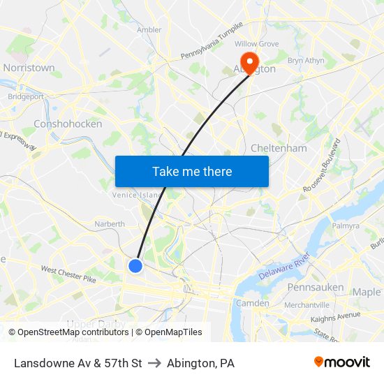 Lansdowne Av & 57th St to Abington, PA map