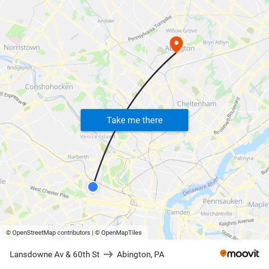 Lansdowne Av & 60th St to Abington, PA map