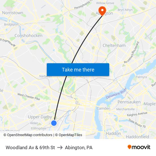 Woodland Av & 69th St to Abington, PA map
