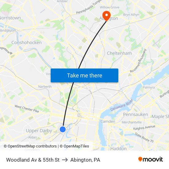Woodland Av & 55th St to Abington, PA map