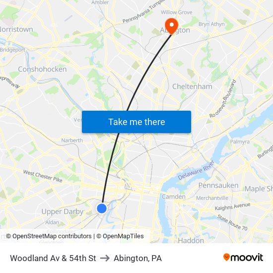 Woodland Av & 54th St to Abington, PA map