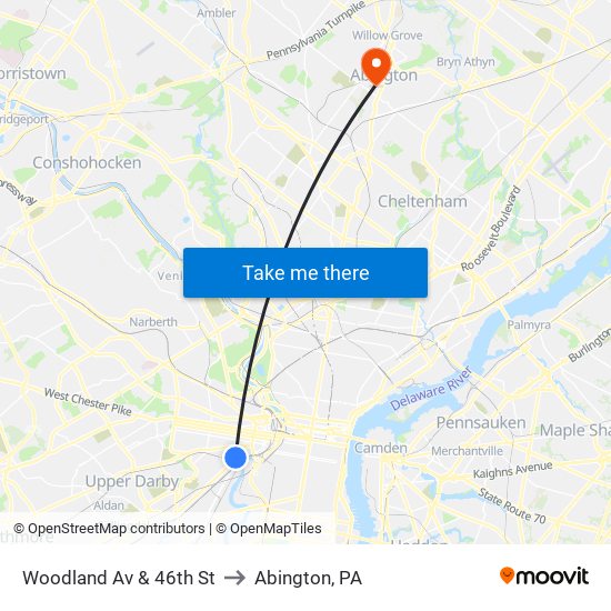 Woodland Av & 46th St to Abington, PA map