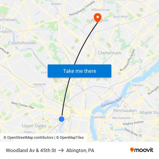 Woodland Av & 45th St to Abington, PA map