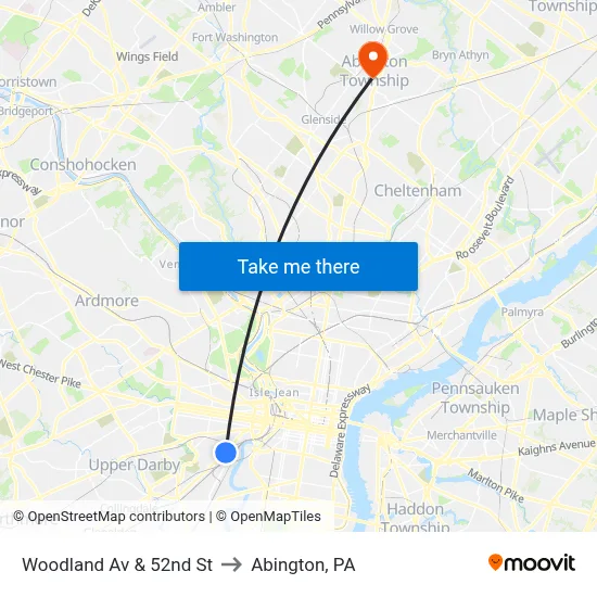 Woodland Av & 52nd St to Abington, PA map