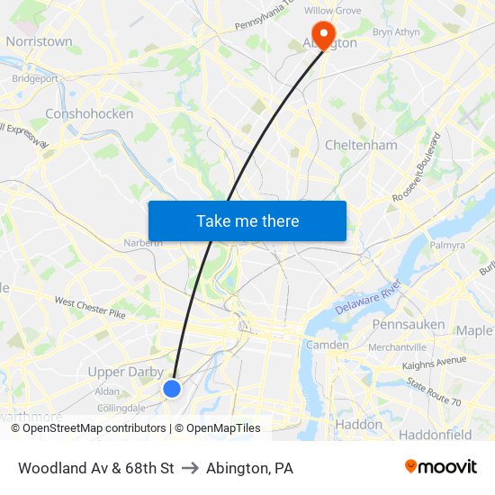 Woodland Av & 68th St to Abington, PA map