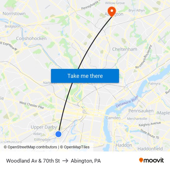 Woodland Av & 70th St to Abington, PA map